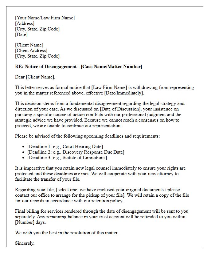 Notice of Disengagement Letter for Rejection of Legal Strategy