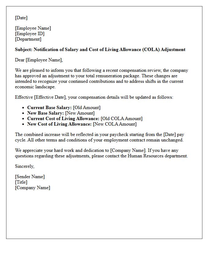 Base Salary and Cost of Living Allowance Adjustment Letter