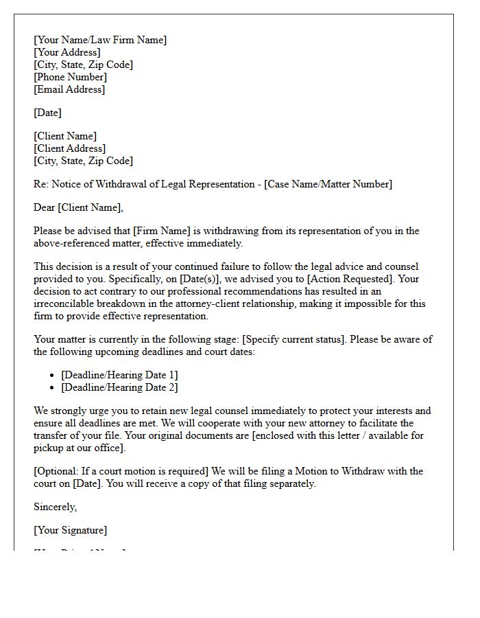 Client Withdrawal Letter Citing Failure to Heed Legal Counsel