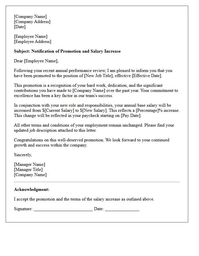 Annual Review Promotion Base Pay Increase Letter