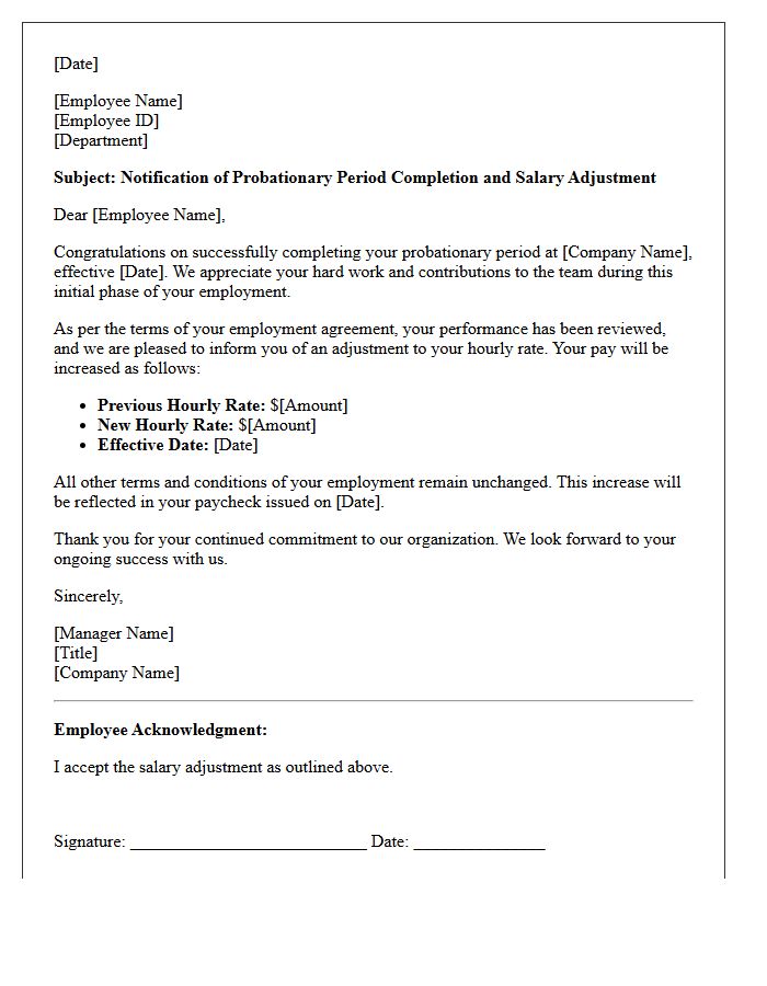 Hourly Employee Probationary Period Completion Salary Adjustment Letter