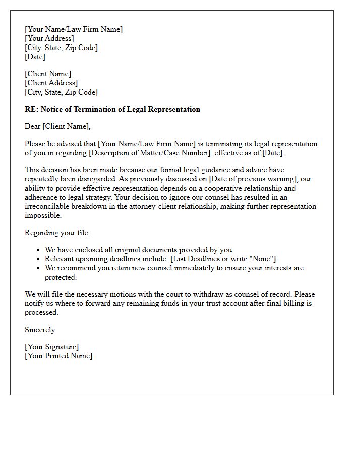 Formal Disengagement Letter Due to Ignored Legal Guidance