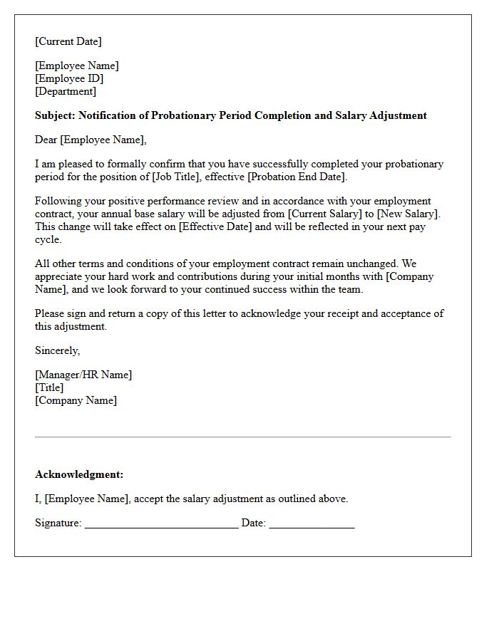 Contractual Probationary Period Completion Salary Adjustment Letter