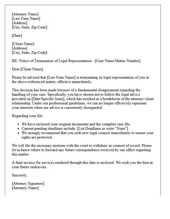 End of Representation Letter for Nonadherence to Legal Advice