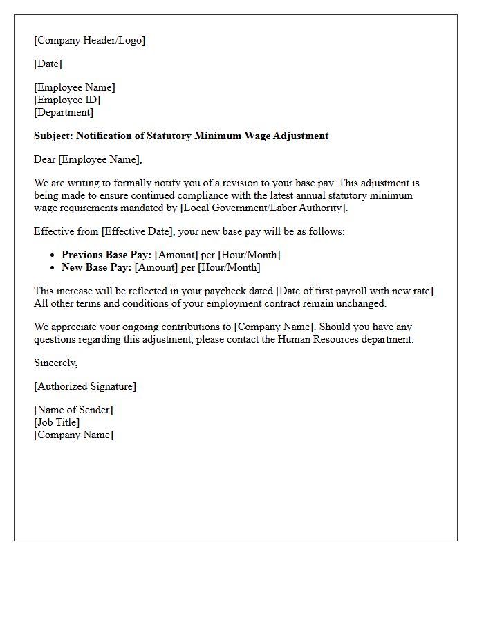Annual Statutory Minimum Wage Base Pay Revision Letter