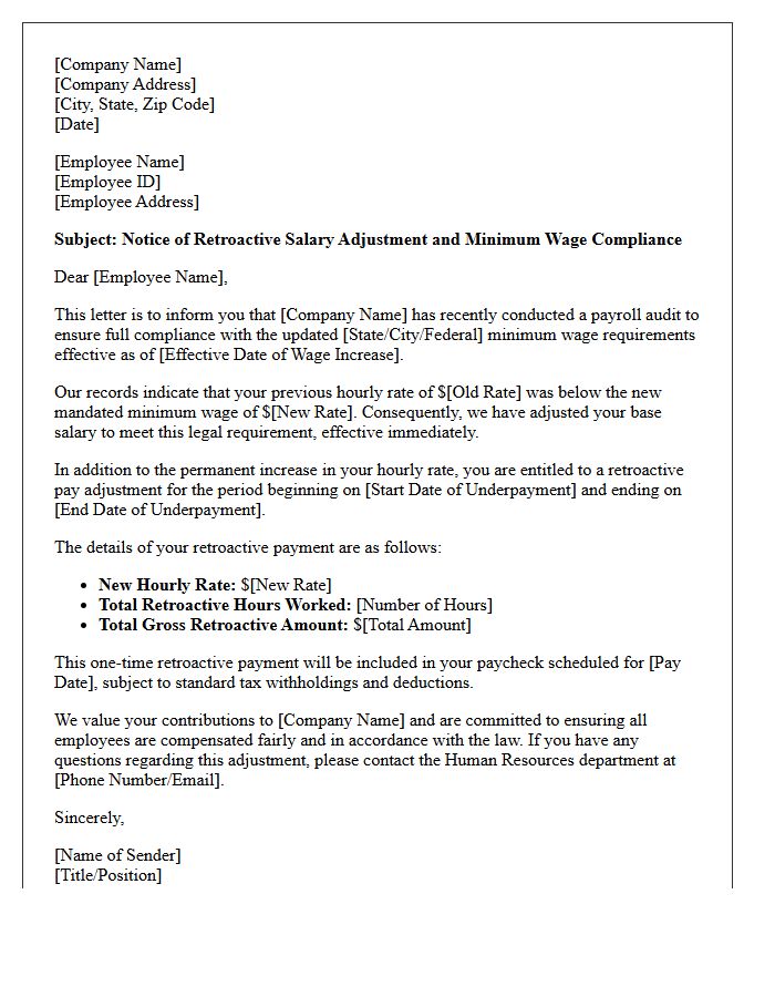 Retroactive Minimum Wage Compliance Salary Correction Letter