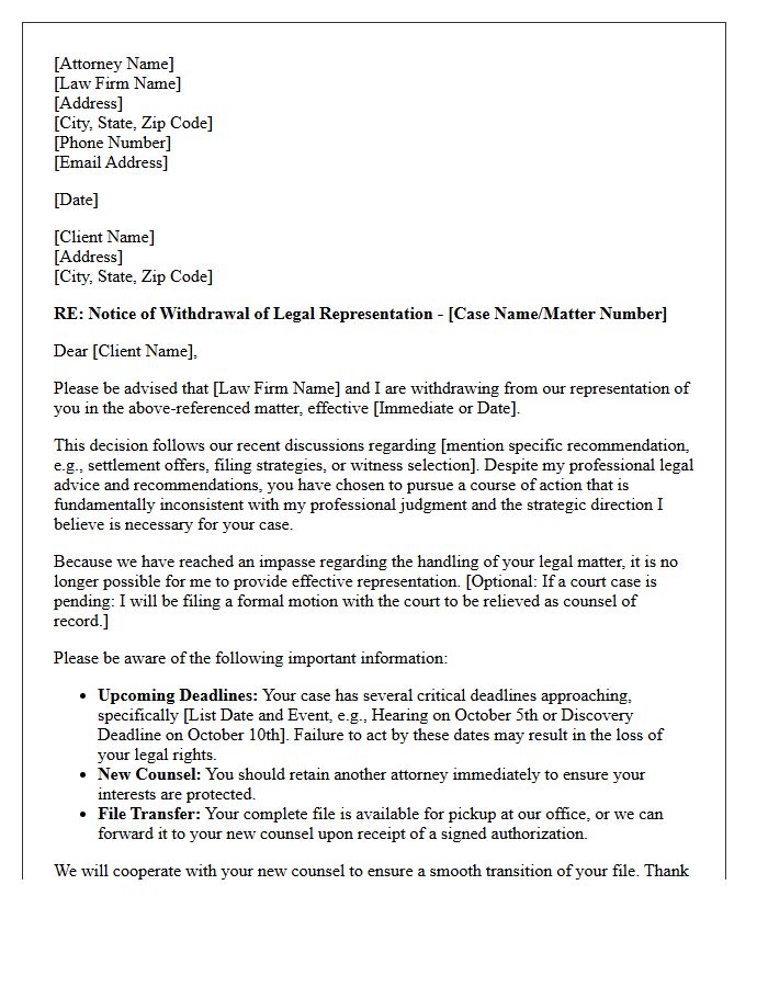 Attorney Withdrawal Letter Regarding Failure to Accept Legal Recommendations