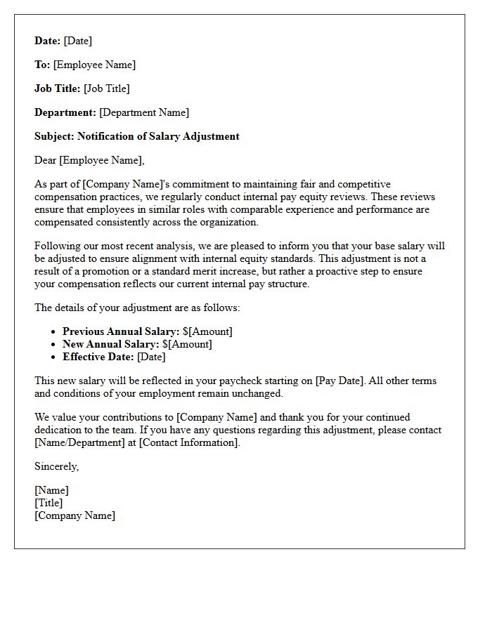 Standard Internal Pay Equity Adjustment Letter