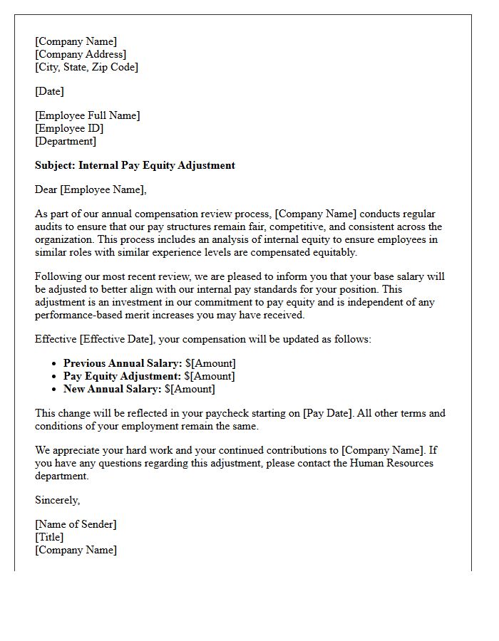 Annual Review Internal Pay Equity Adjustment Letter