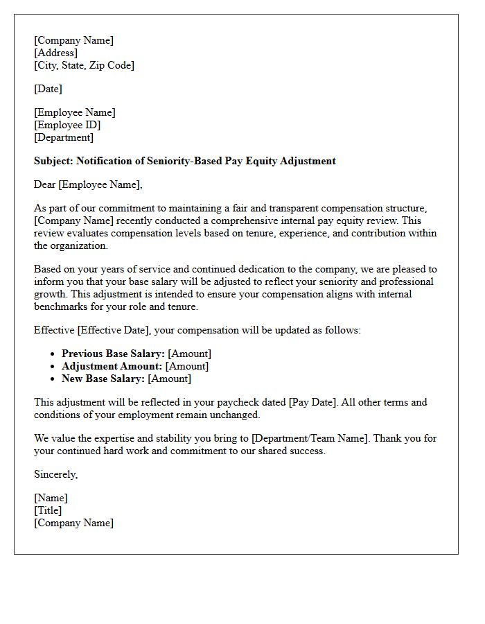 Seniority Based Internal Pay Equity Adjustment Letter