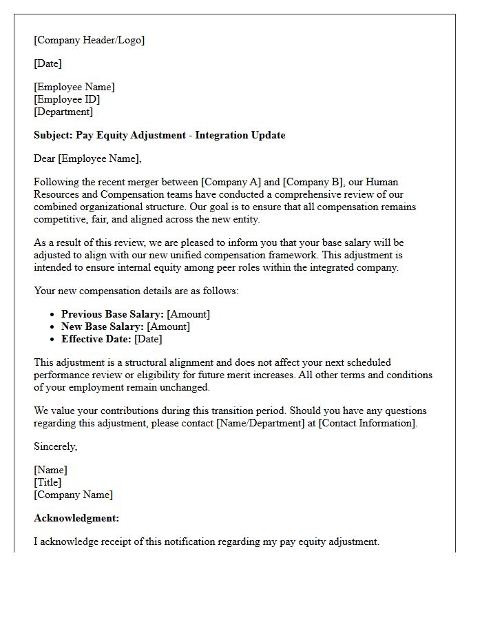 Merger And Acquisition Pay Equity Adjustment Letter