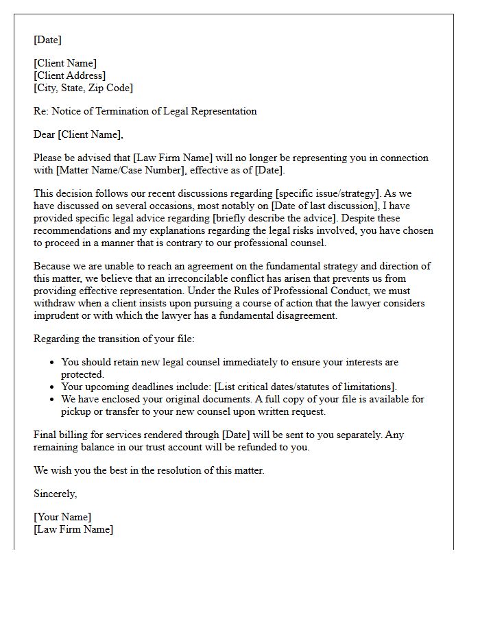 Legal Counsel Disengagement Letter Citing Unheeded Advice