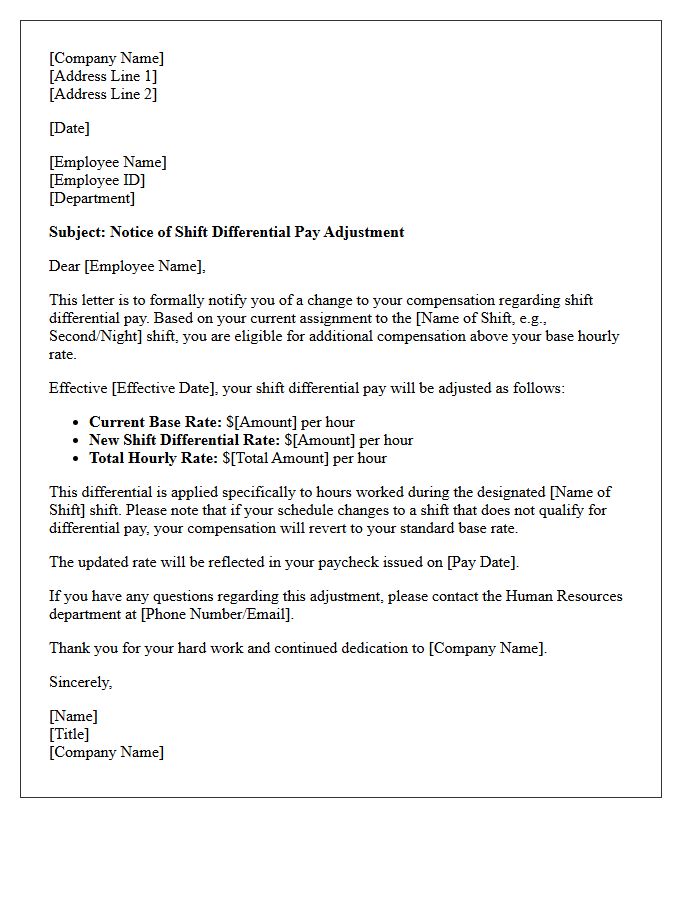 Standard Shift Differential Pay Adjustment Letter