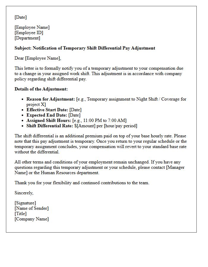 Temporary Shift Differential Pay Adjustment Notification Letter