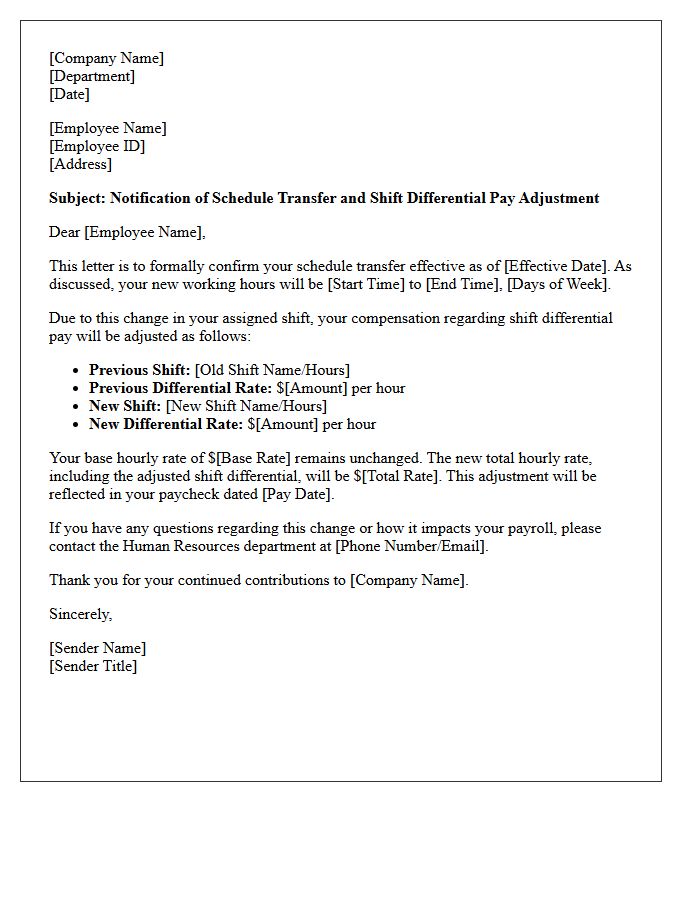 Schedule Transfer Shift Differential Pay Adjustment Letter