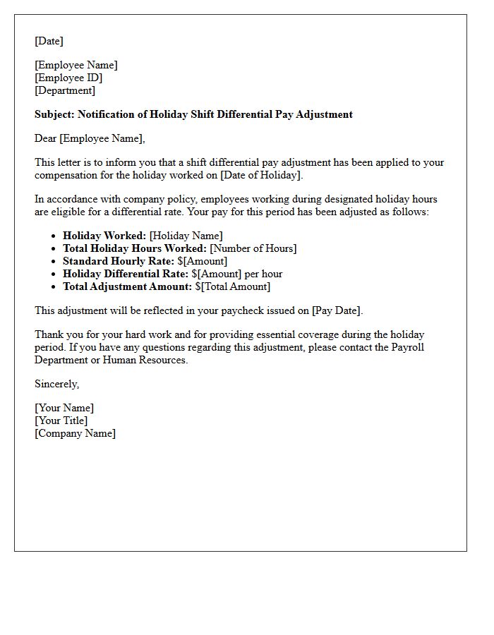 Holiday Shift Differential Pay Adjustment Letter