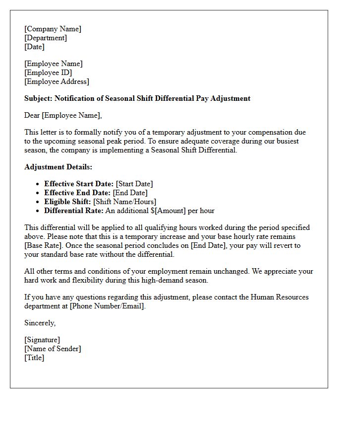 Seasonal Shift Differential Pay Adjustment Letter