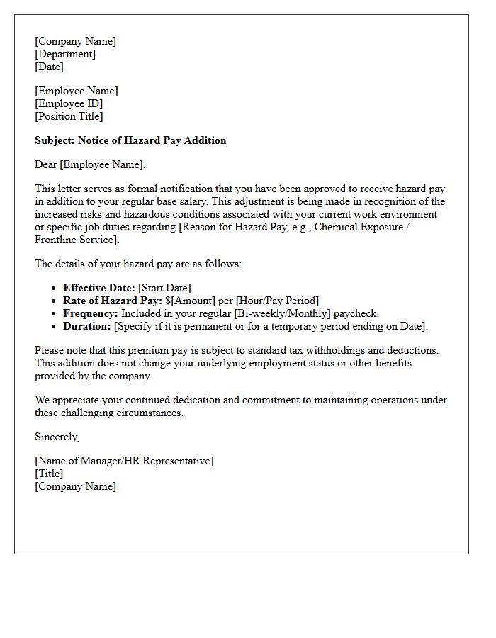 Hazard Pay Addition Letter