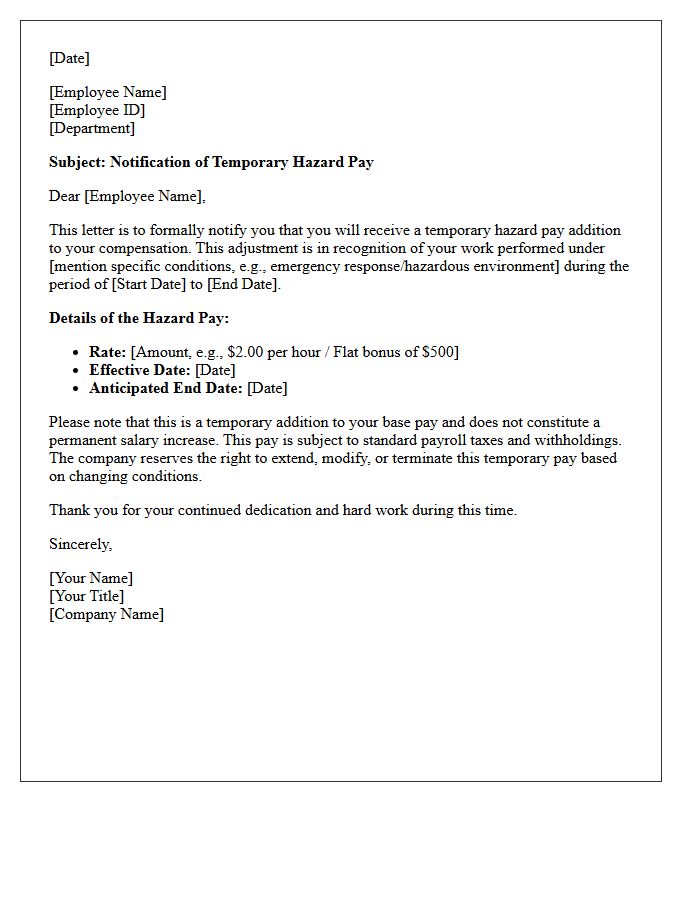 Temporary Hazard Pay Addition Letter