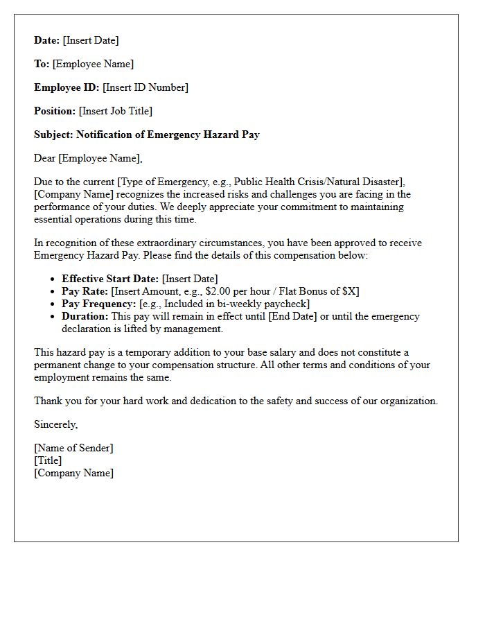 Emergency Hazard Pay Addition Letter