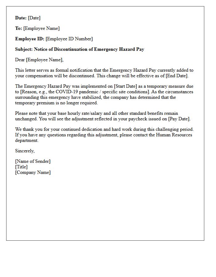 Emergency Hazard Pay Removal Letter