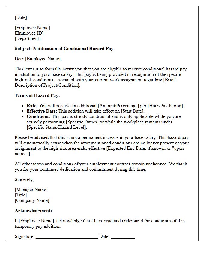 Conditional Hazard Pay Addition Letter