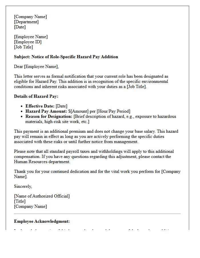 Role-Specific Hazard Pay Addition Letter