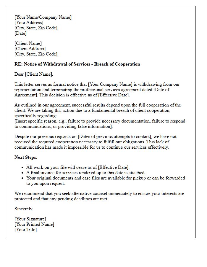 Breach of Client Cooperation Withdrawal Letter