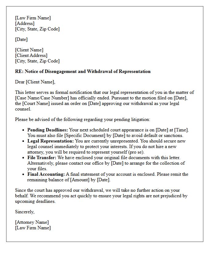 Pending Litigation Court-Approved Disengagement Letter