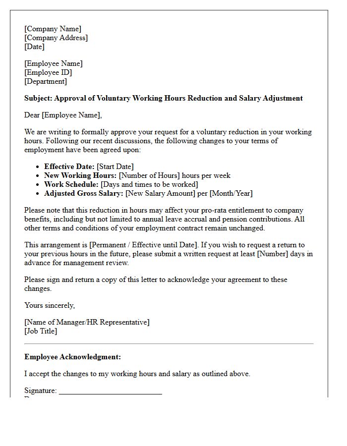 Standard Voluntary Working Hours Reduction Salary Adjustment Approval Letter