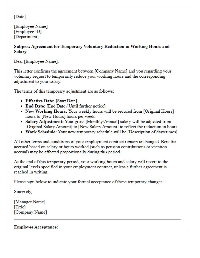 Temporary Voluntary Working Hours Reduction Salary Adjustment Agreement Letter