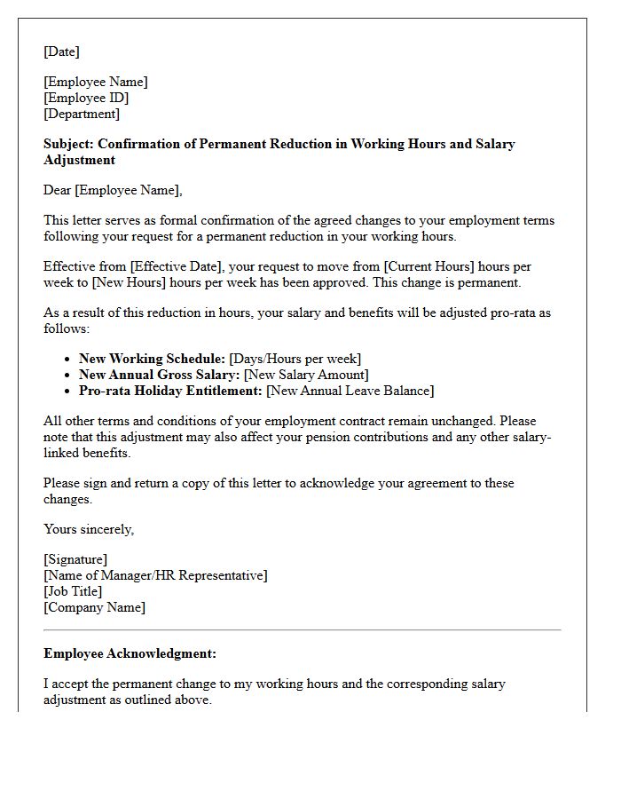 Permanent Voluntary Working Hours Reduction Salary Adjustment Confirmation Letter