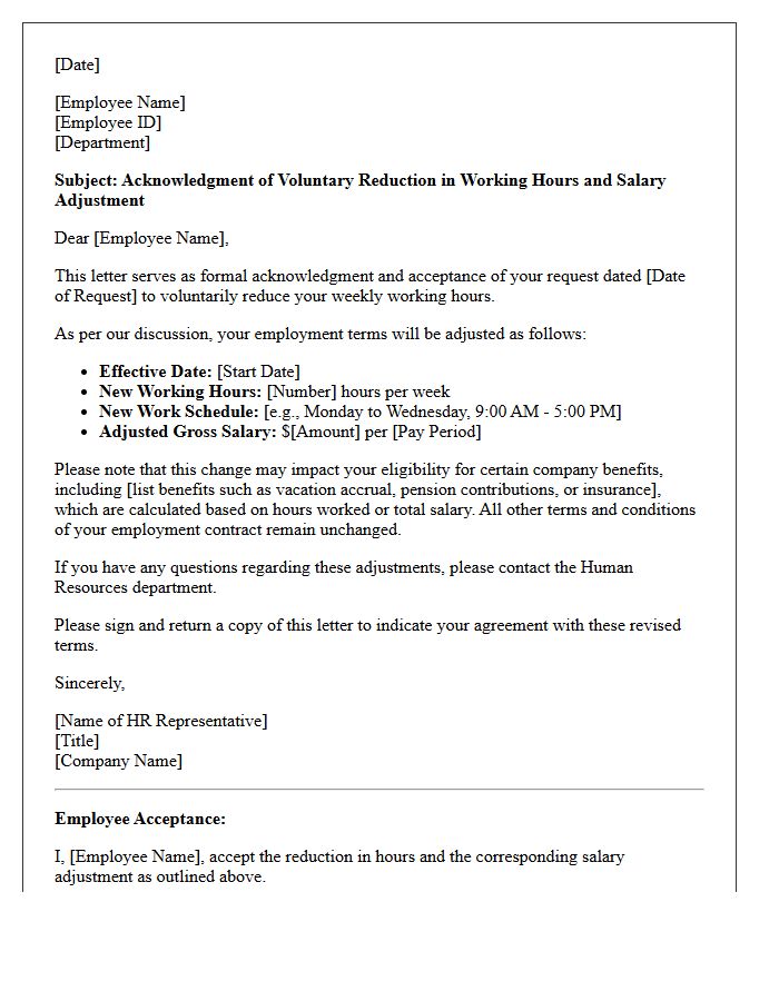 Human Resources Acknowledgment Letter for Voluntary Working Hours Reduction Salary Adjustment