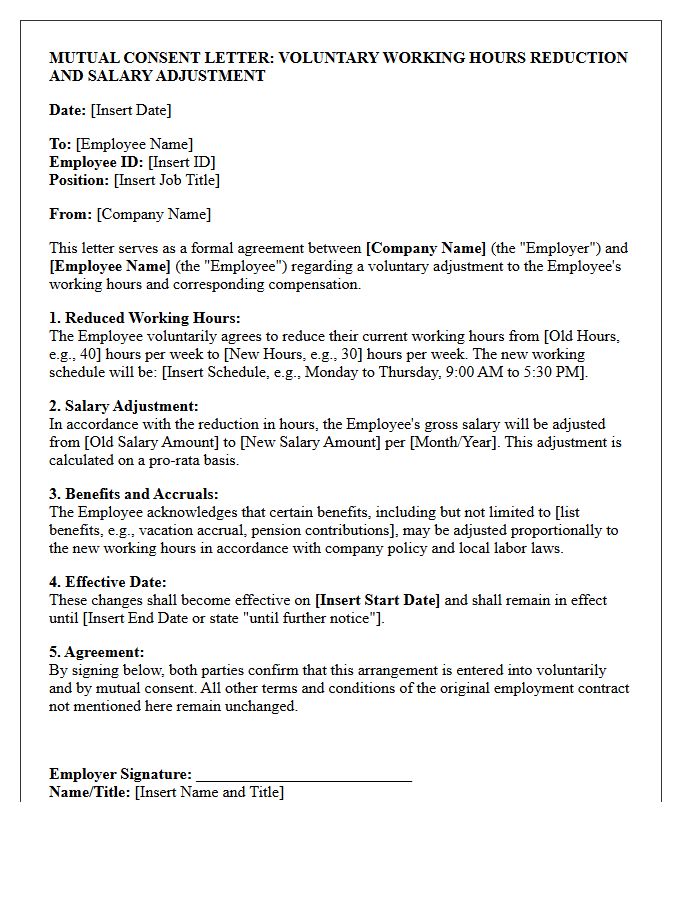 Mutual Consent Letter for Voluntary Working Hours Reduction Salary Adjustment