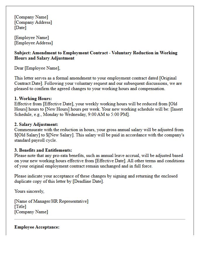 Employment Contract Amendment Letter for Voluntary Working Hours Reduction Salary Adjustment