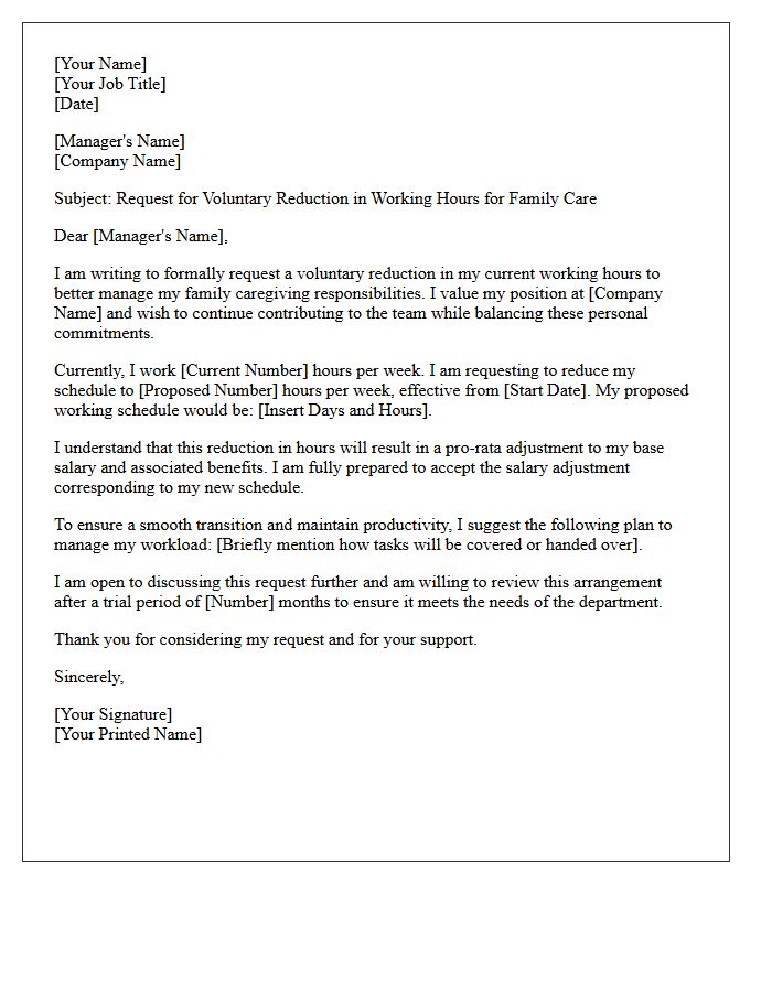Family Care Voluntary Working Hours Reduction Salary Adjustment Request Letter