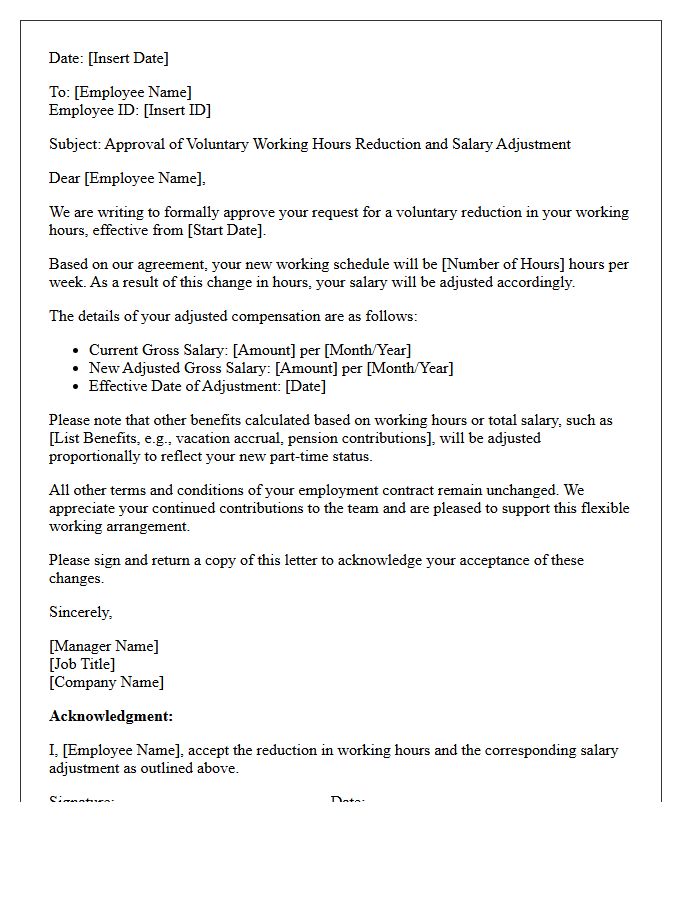 Management Approval Letter for Voluntary Working Hours Reduction Salary Adjustment