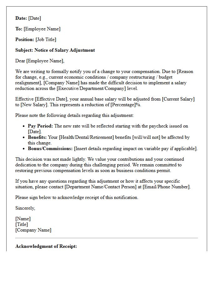 Executive and Employee Salary Decrease Notification Letter