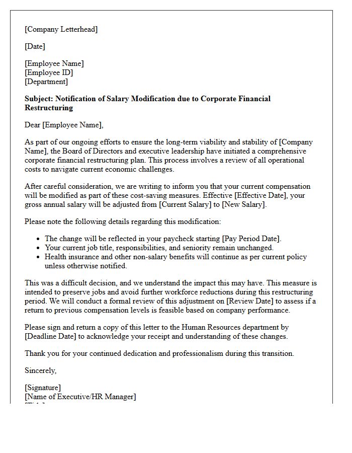 Corporate Financial Restructuring Salary Modification Letter