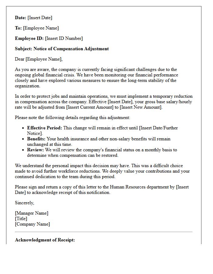 Financial Crisis Employee Compensation Adjustment Letter