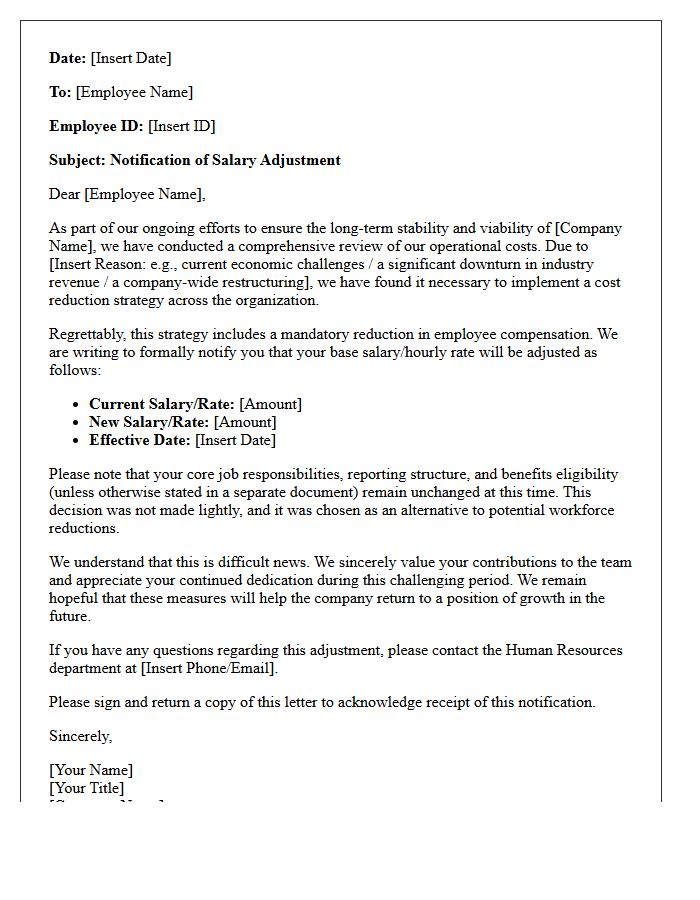 Cost Reduction Strategy Employee Pay Decrease Letter