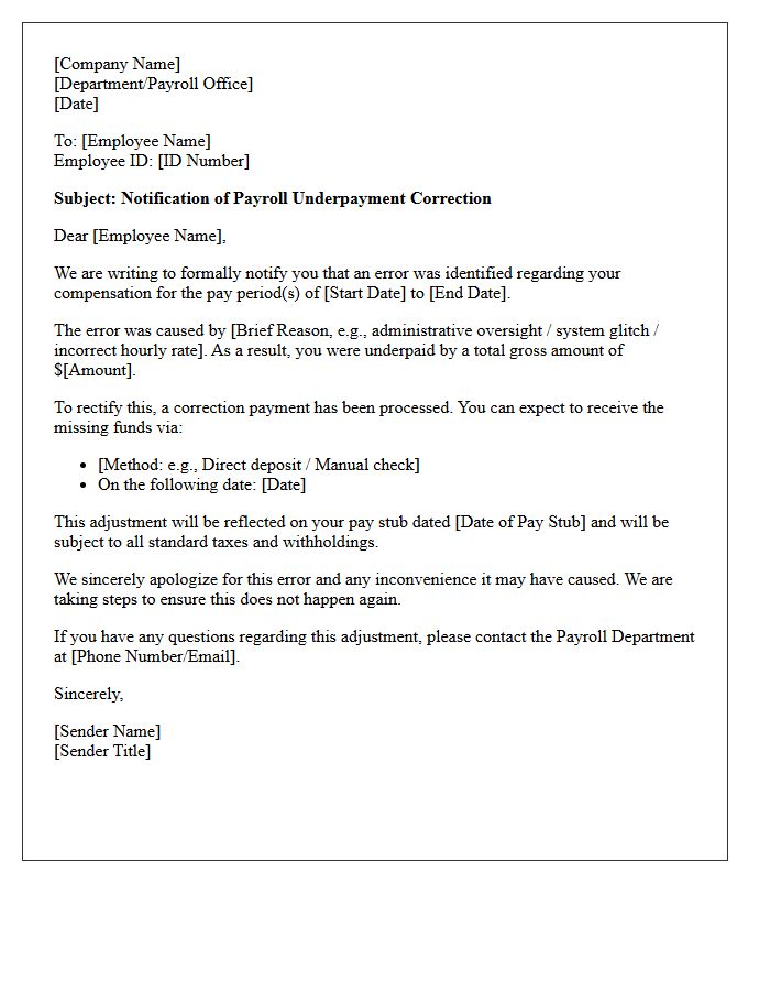 Payroll Error Underpayment Correction Letter