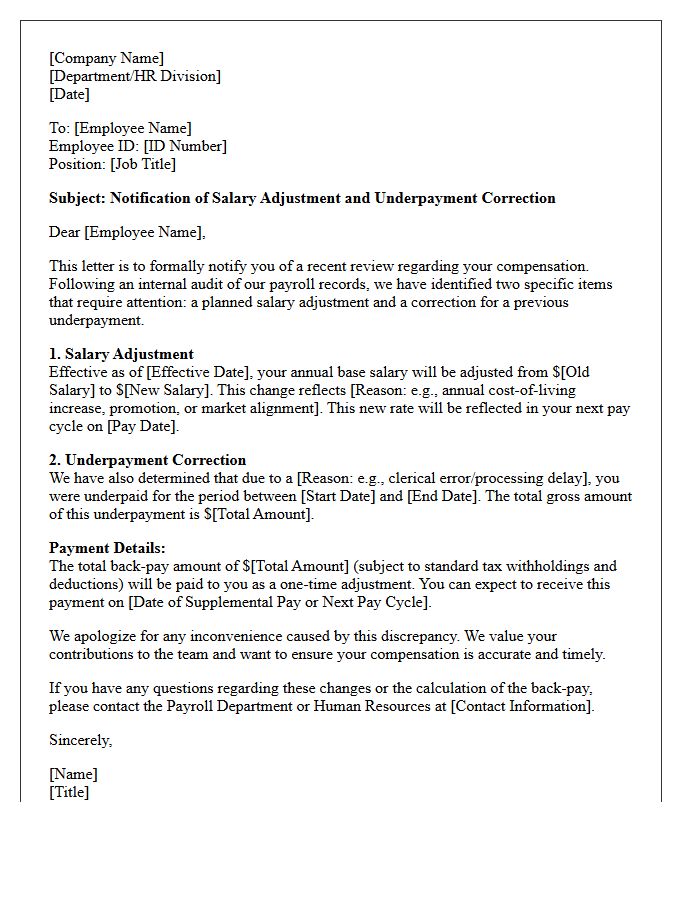 Salary Adjustment and Underpayment Notification Letter