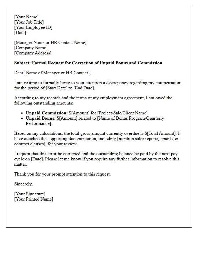 Unpaid Bonus and Commission Correction Letter