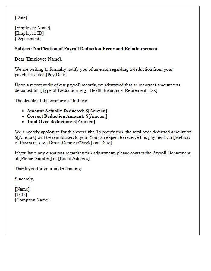 Payroll Deduction Error Reimbursement Letter