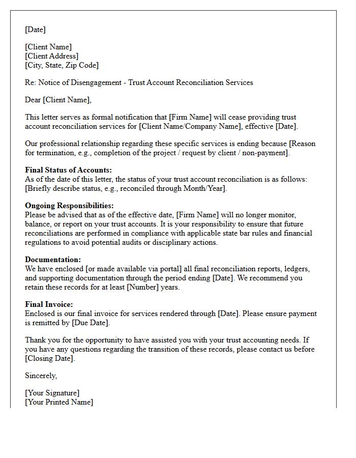 Trust Account Reconciliation Disengagement Letter