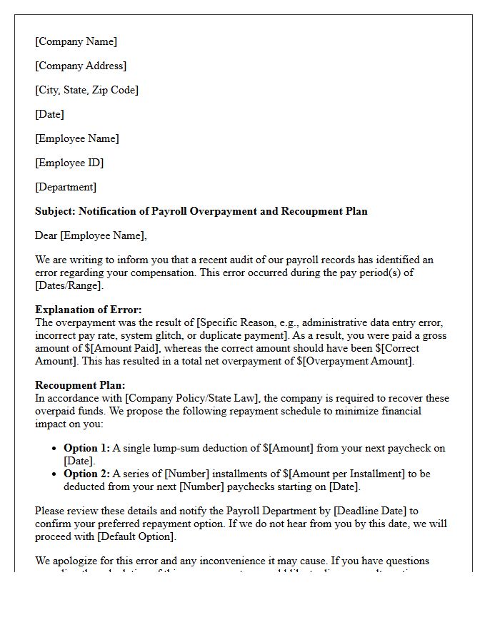 Payroll Error Explanation and Recoupment Letter