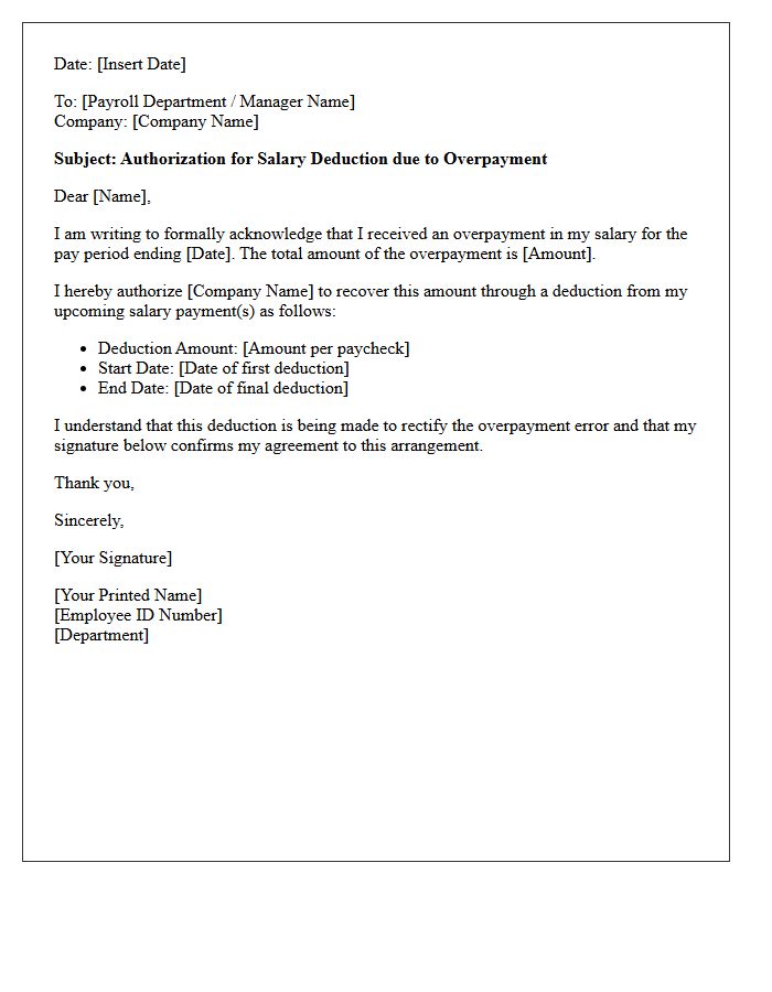 Salary Deduction Authorization Letter for Overpayment