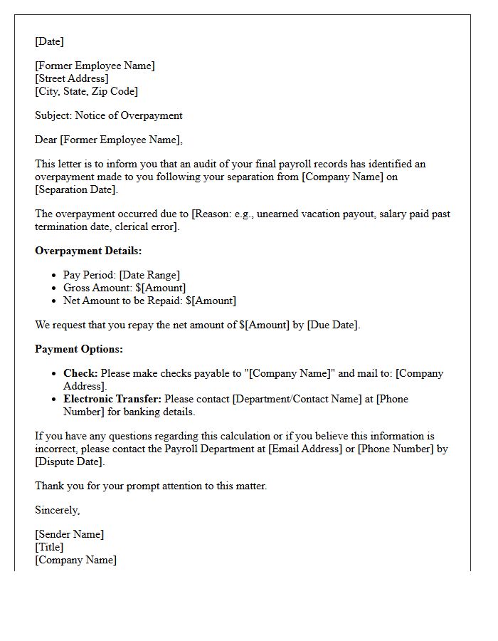 Separated Employee Overpayment Collection Letter