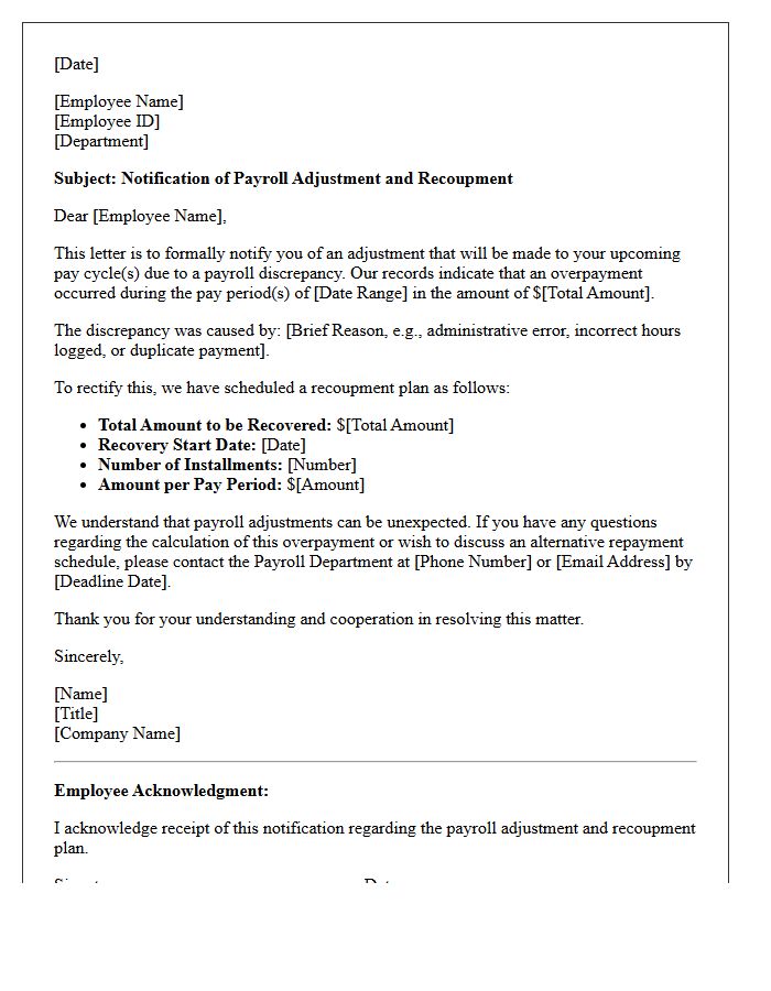 Payroll Adjustment and Recoupment Confirmation Letter